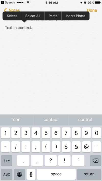 Context menu in Notes app on iOS