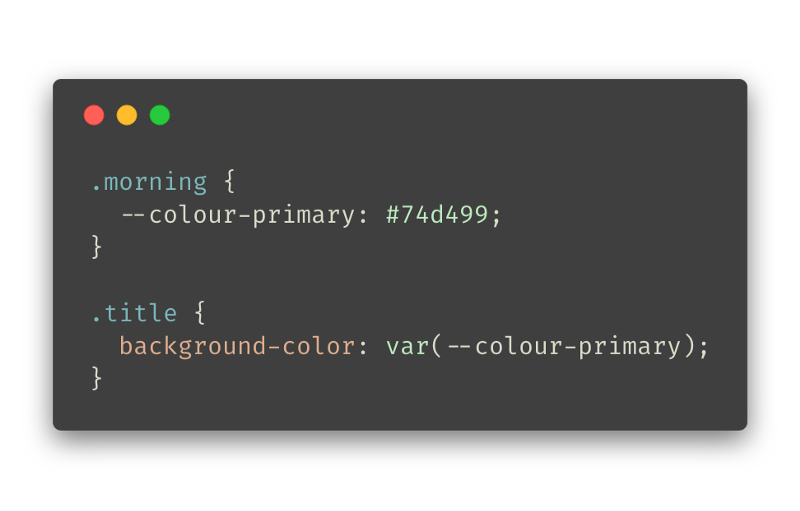 CSS variable declaration showing --colour-primary: #74d499; and consumption var(--colour-primary);