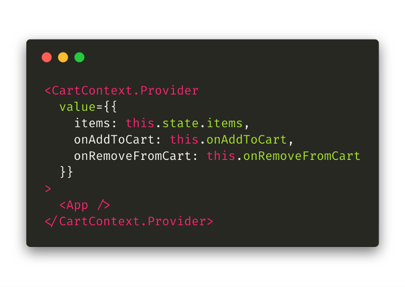 Code snippet showing <CardContext.Provider value={{...}}/> wrapping our App component
