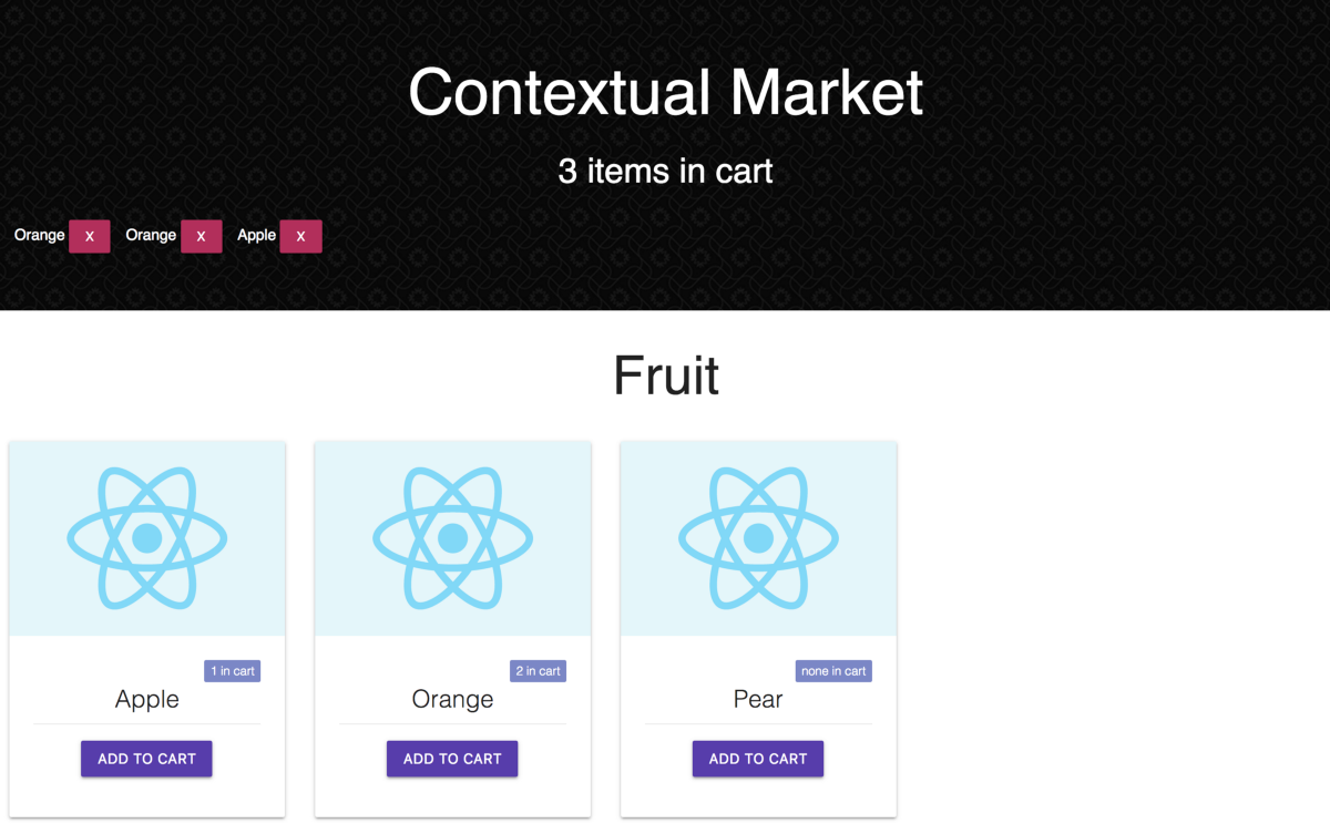 Screenshot of a react app with basic filtering and add to cart cards