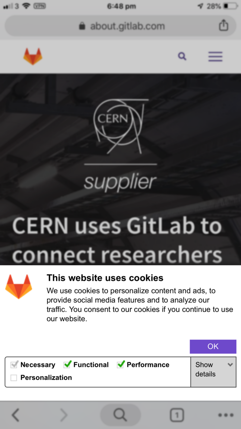 Cookie consent on gitlab.com at the bottom of the screen