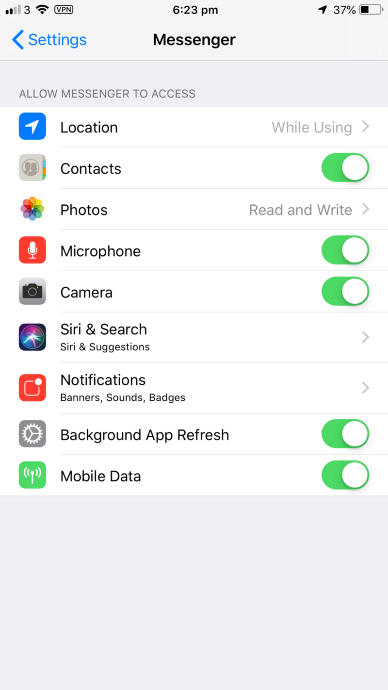The permissions of Messenger within the iOS settings