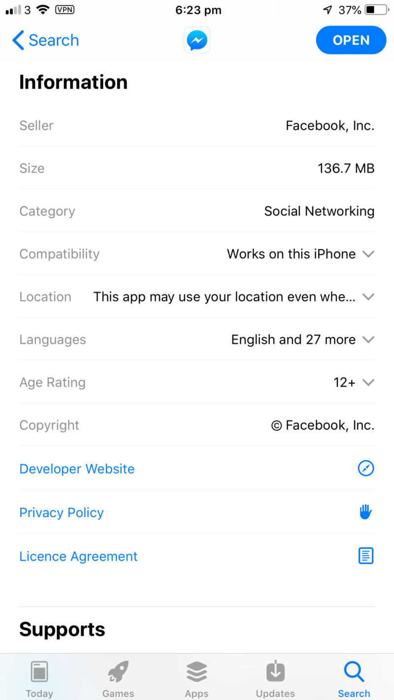 Information about Messenger on the App Store