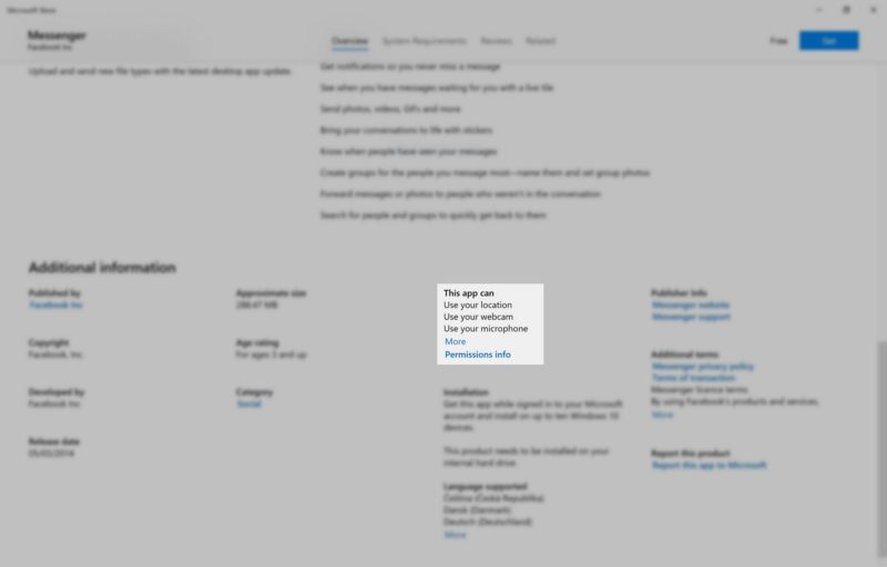 Permissions highlighted on the Microsoft Store