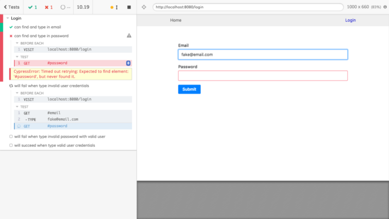 split screen showing test progress on left and actual website on the right