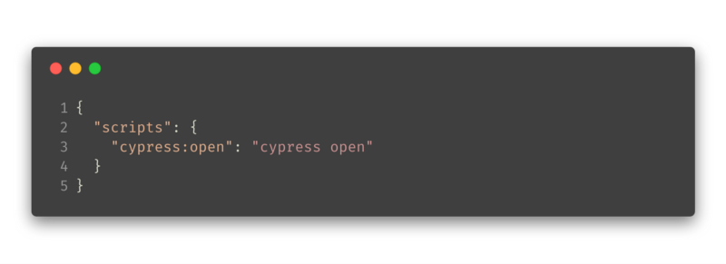 a snippet of json in package.json scripts, "cypress:open": "cypress open"