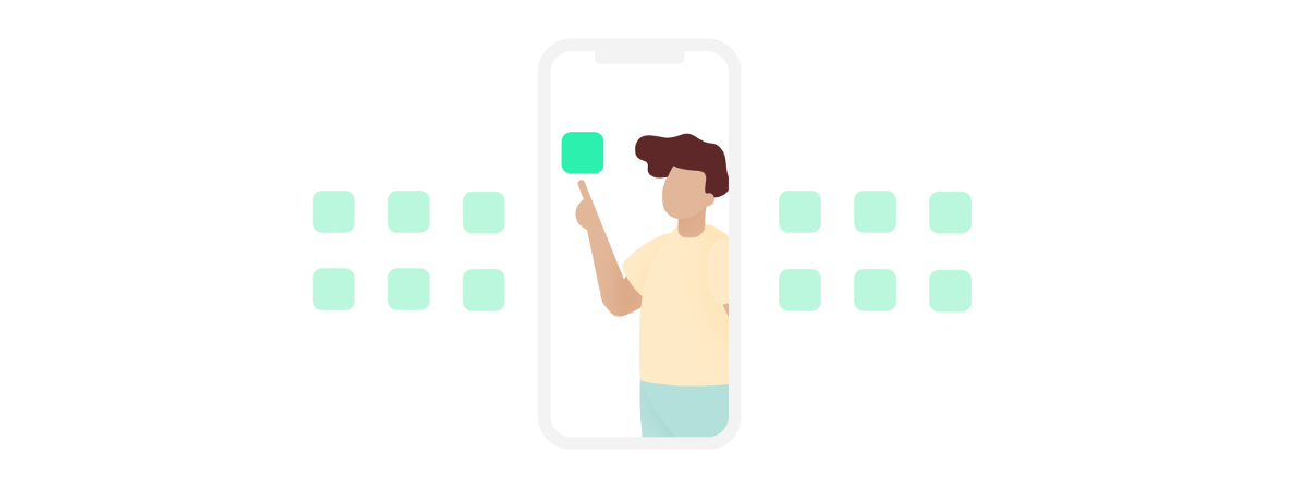 illustration showing person pointing at green rectangle with more green rectangles in the background in an organised grid