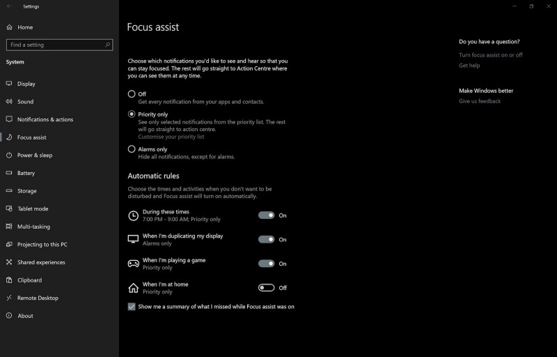 focus assist settings on Windows 10