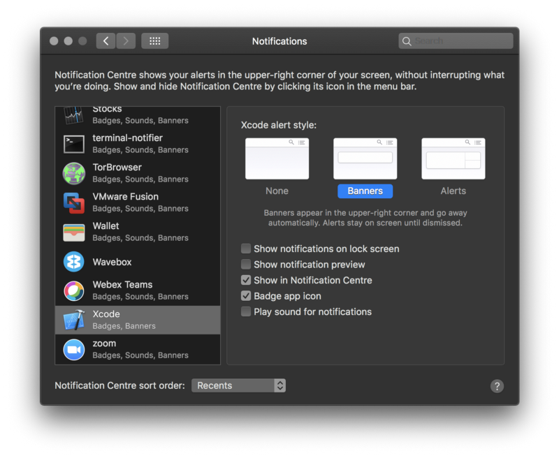 notifications showing banners selected for xcode in macOS settings panel