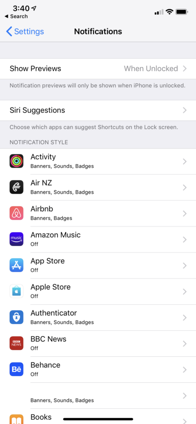 notifications in iOS settings