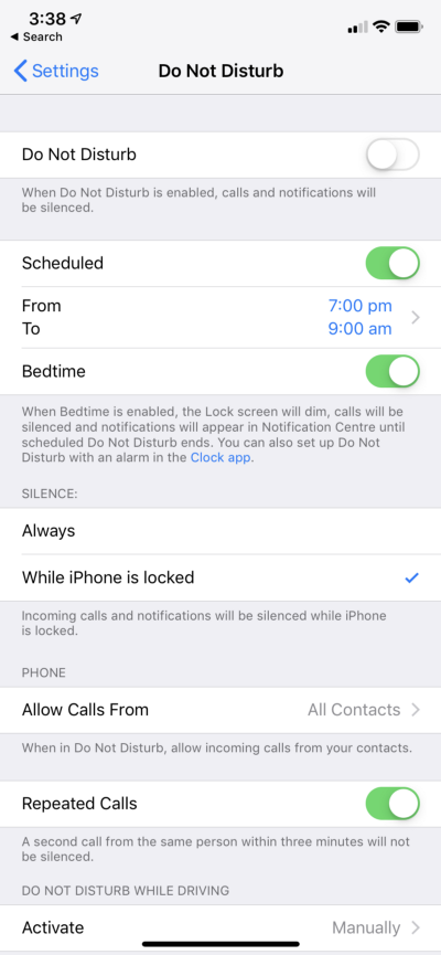 do not disturb in Settings on iOS