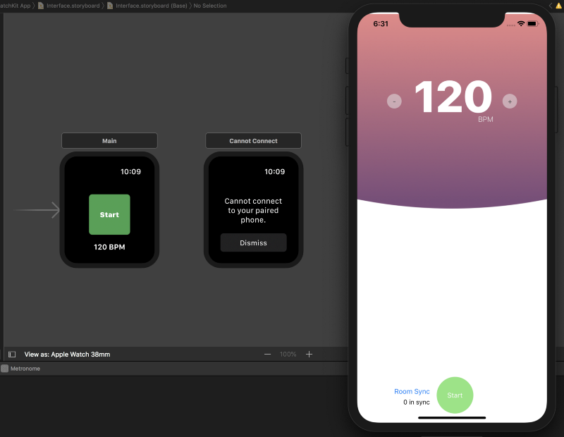 storyboard editor showing watch UI screens and the simulator running the app side by side