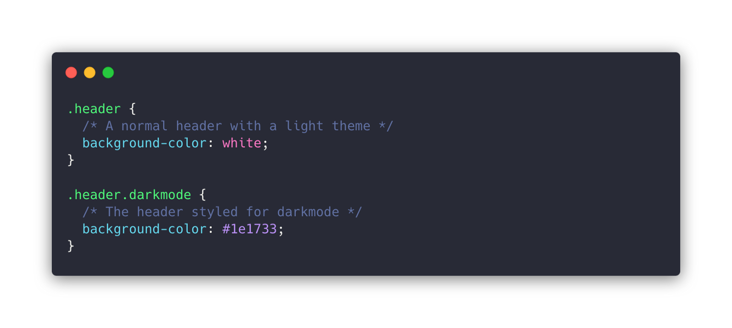 css snippet showing composition of .header classes to .header.darkmode