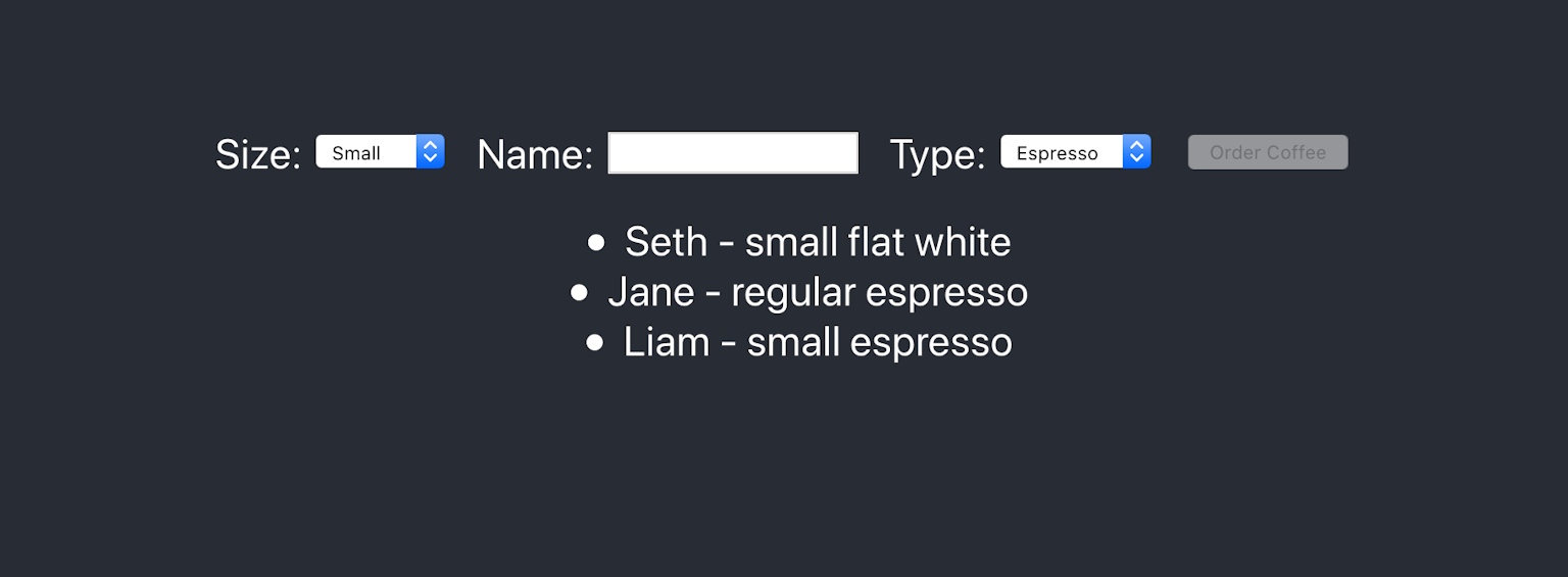 A screenshot of our coffee ordering web app in React