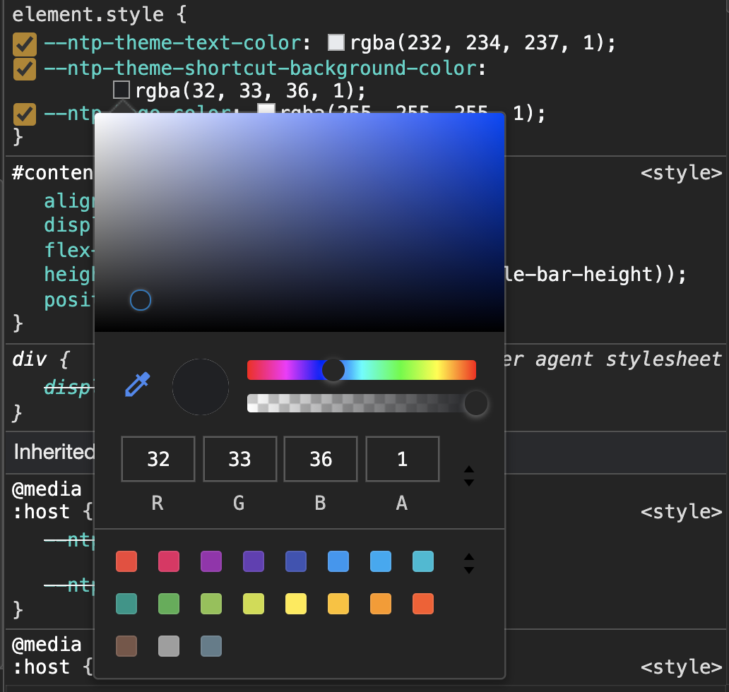 screenshot of colour picker in dev tools