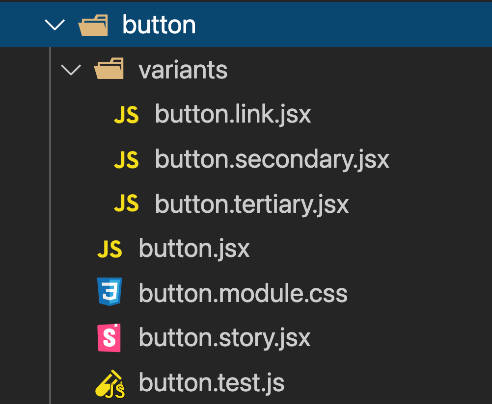 Screenshot of VSCode filesystem showing additional variants for a button